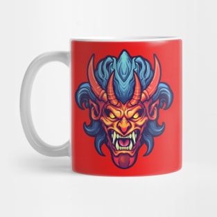 Horned demon face, red and blue Mug